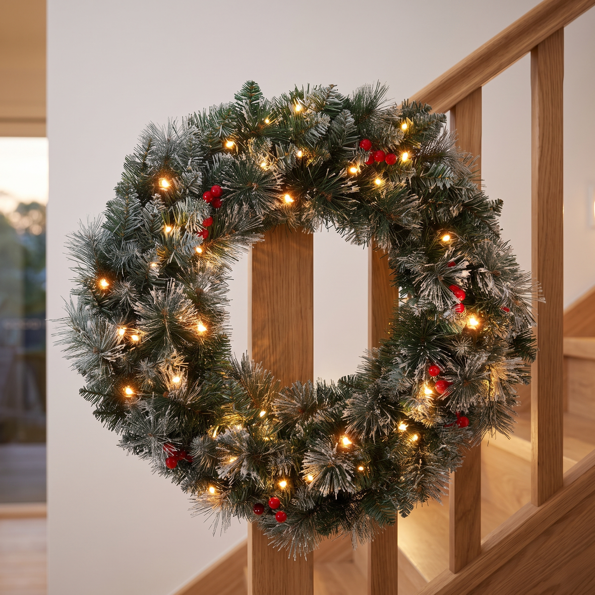Snow-Frosted Red Berry Pre-Lit Christmas Wreath – 60cm, 50 LED – glowing on a timber staircase banister at dusk