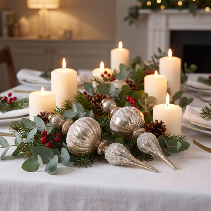 Champagne Gold Glass Finial Christmas Baubles – Set of 2 – on a festive dining table