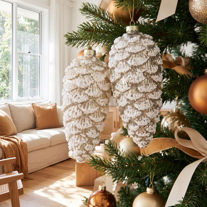 Champagne Gold Glass Pinecone Christmas Baubles – Set of 2 – on a Christmas tree in a light-filled living room