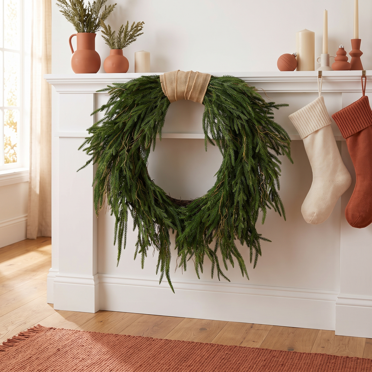 Faux Norfolk Pine Christmas Wreath with Jute Ribbon – 60cm – above a white mantelpiece