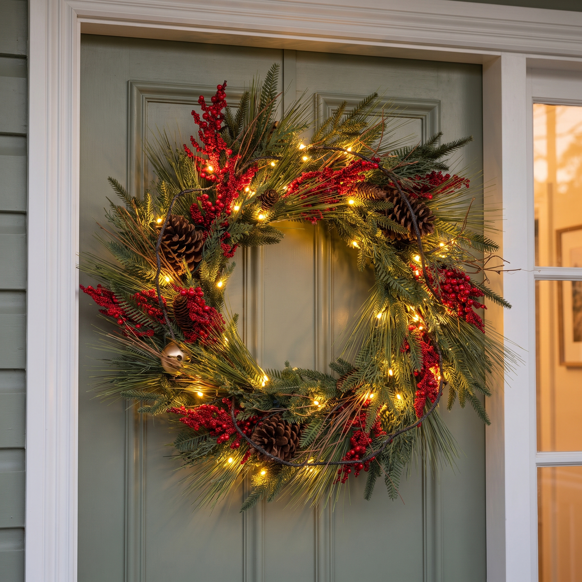 Classic Red Berry Pre-Lit Christmas Wreath – 70cm, 6-Hour Timer – glowing on a sage-green front door at dusk