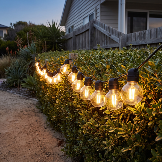 Warm White Solar Festoon Christmas String Lights – 17m, 15 Bulbs – glowing along a coastal garden path at twilight