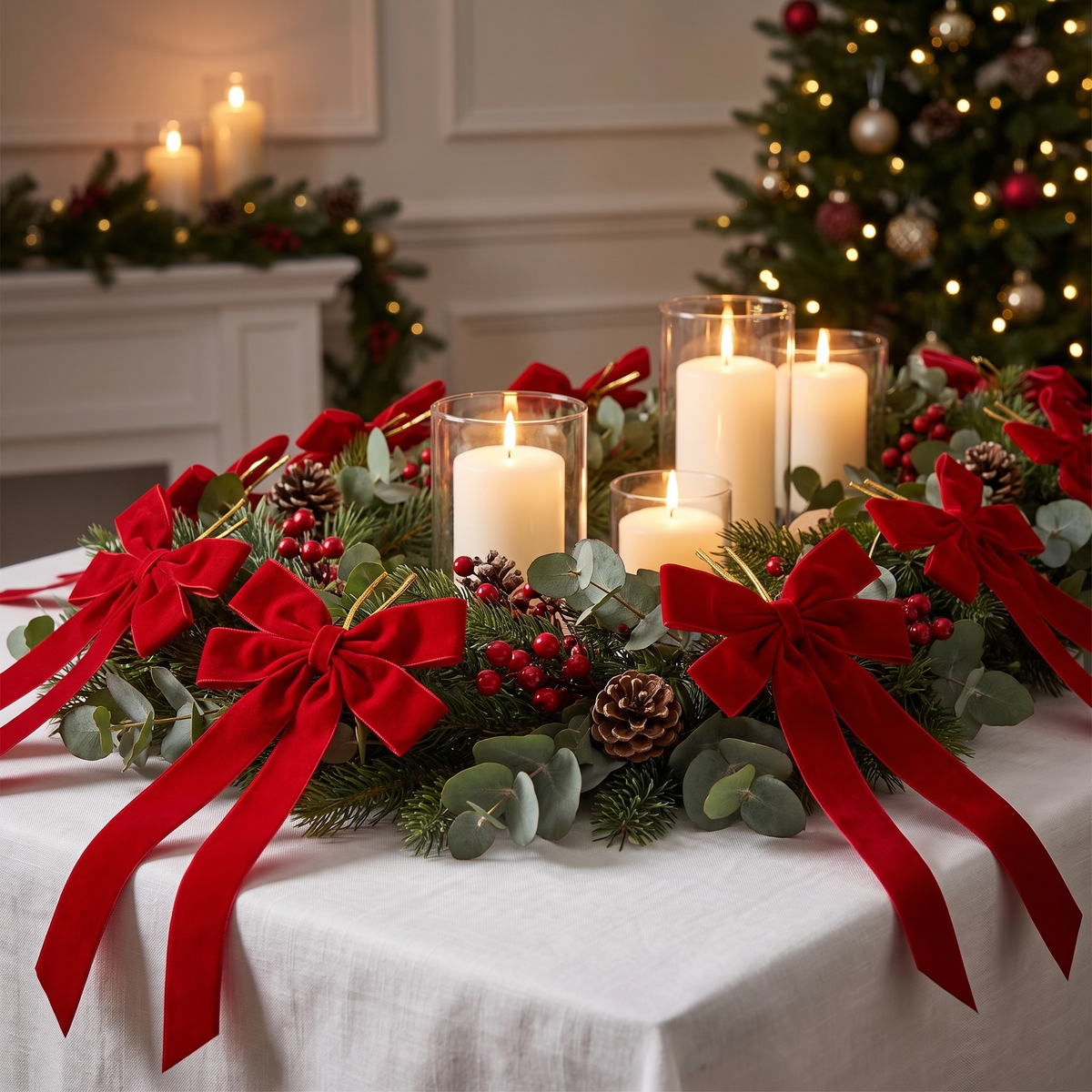 Red Velvet Christmas Tree Bows – Set of 12, 17.5cm – on a festive dining table