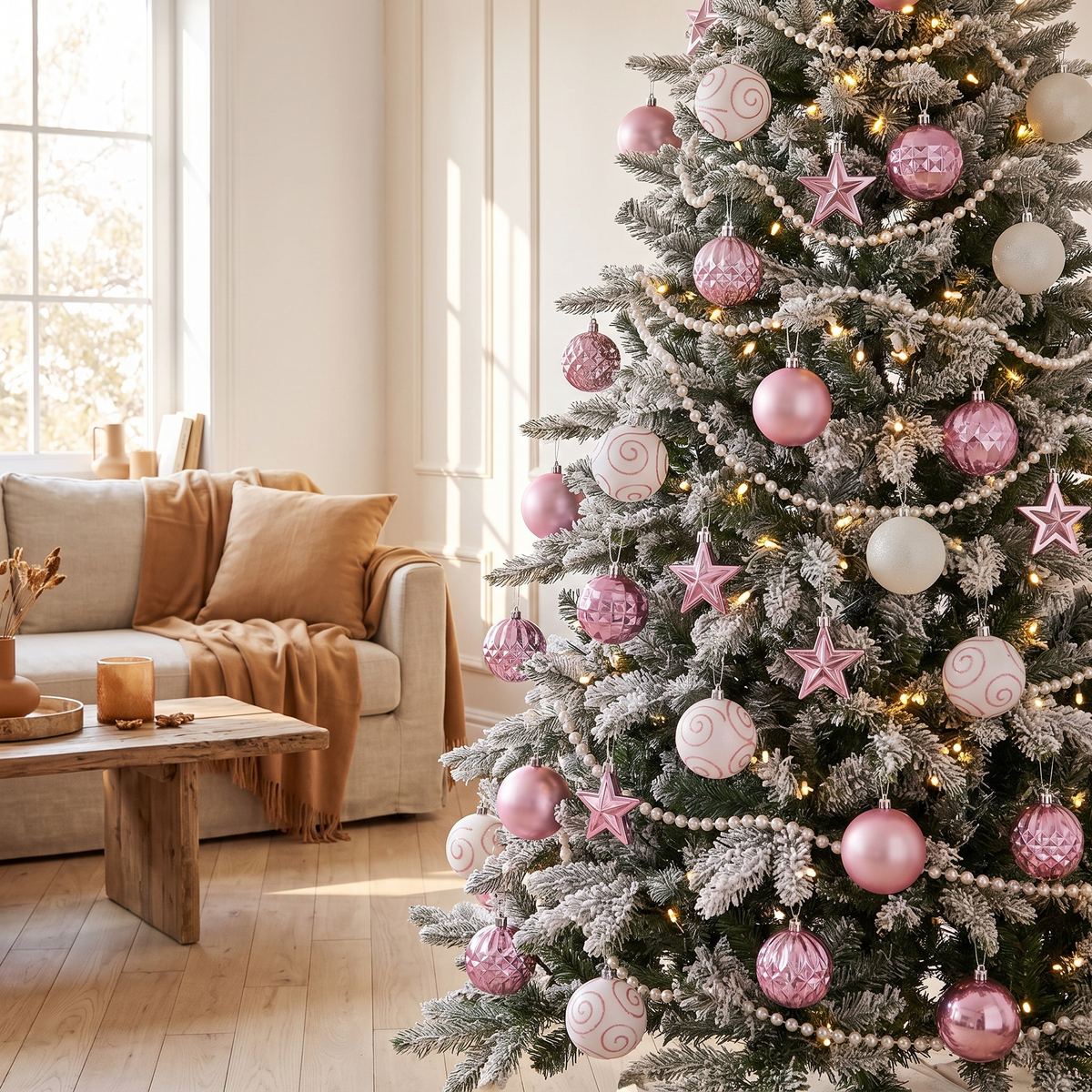 Pink & White Christmas Bauble Decorations – 33 Piece Set – on a Christmas tree in a light-filled living room