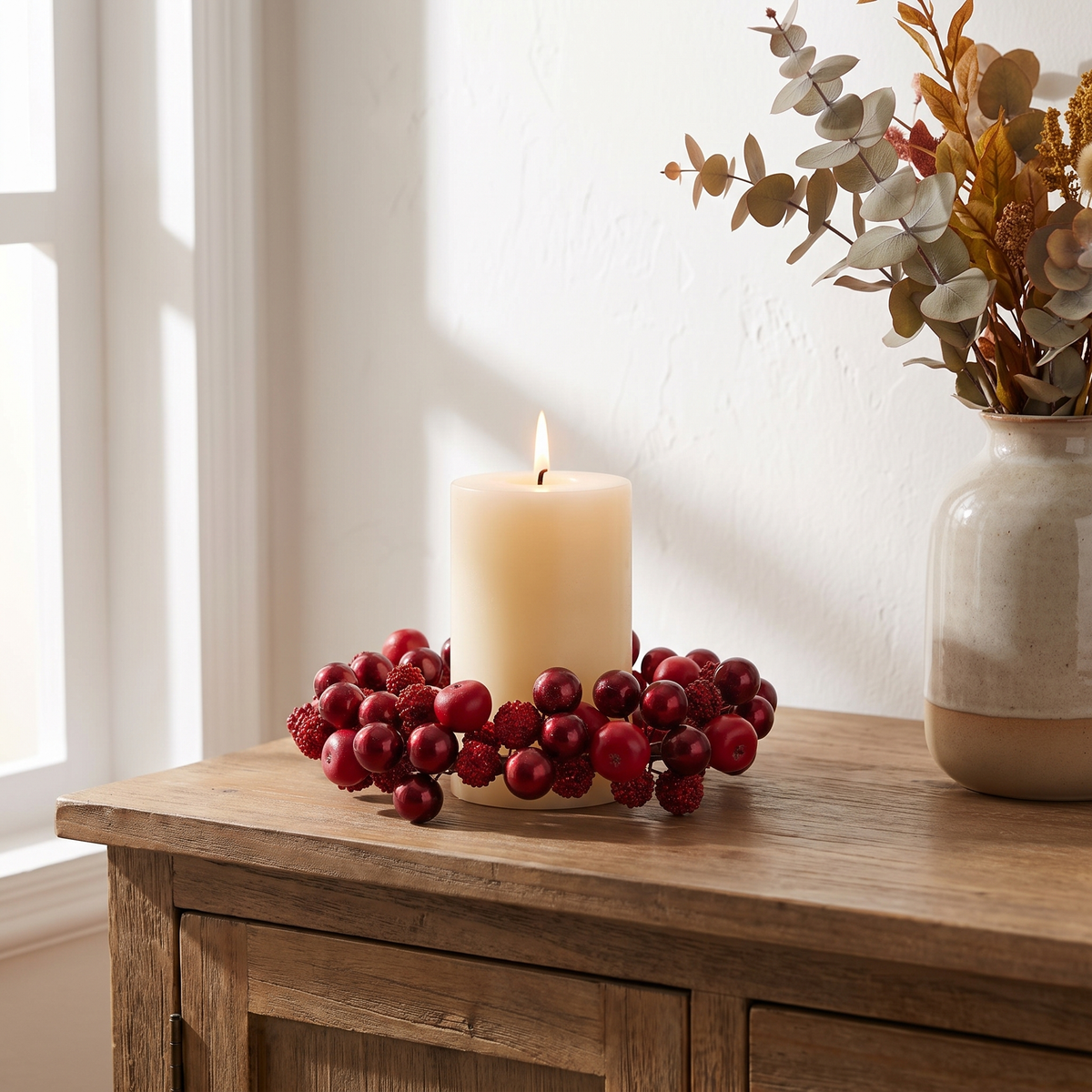 Dark Red Berry Christmas Candle Ring – 11cm – styled on a sideboard