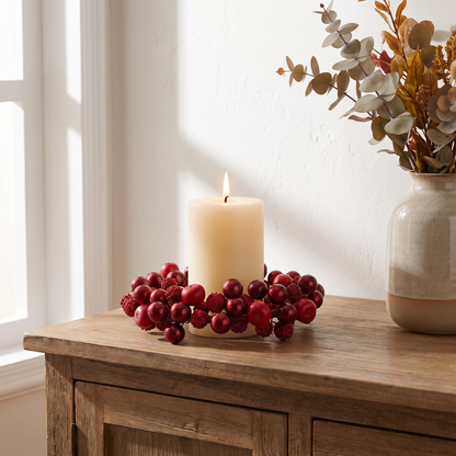 Dark Red Berry Christmas Candle Ring – 11cm – styled on a sideboard