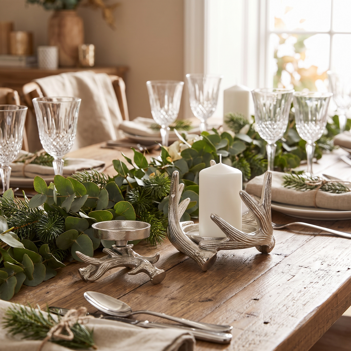 Silver Antler Pillar Candle Holder – Small – on a Christmas lunch table