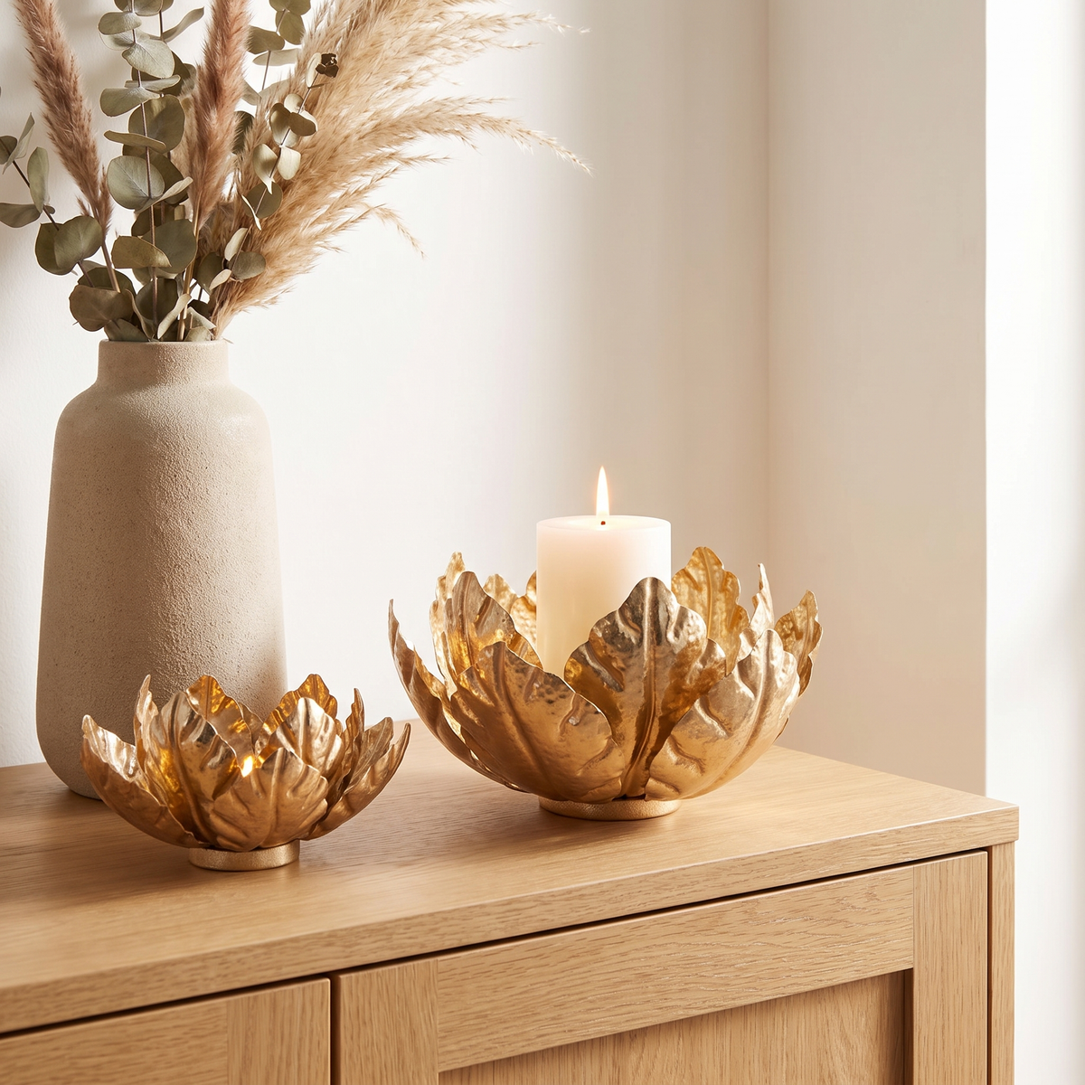 Gold Lotus Metal Pillar Candle Holder – 31cm – styled on a sideboard