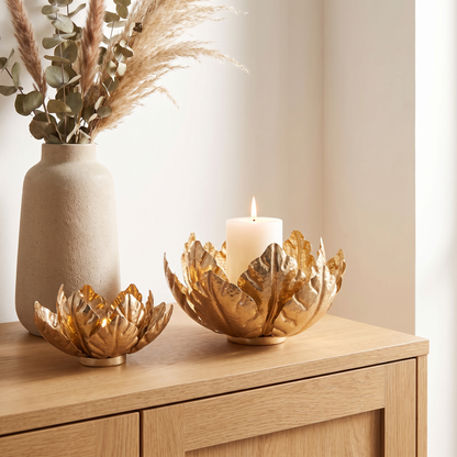 Gold Lotus Metal Pillar Candle Holder – 31cm – styled on a sideboard