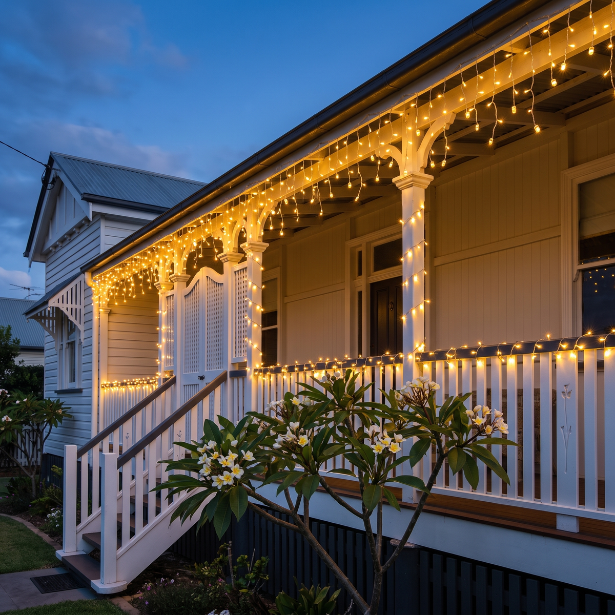 Warm White LED Fairy Christmas Lights – 20m, 200 LED – glowing along a Queenslander verandah at dusk