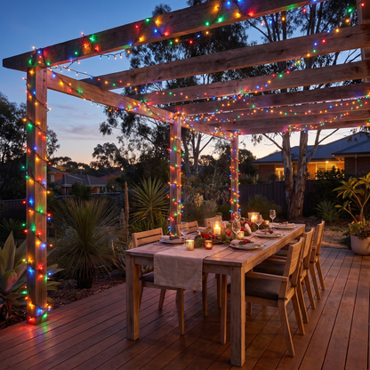 Multicolour LED Fairy Christmas Lights – 20m, 200 LED – glowing over an alfresco pergola at dusk