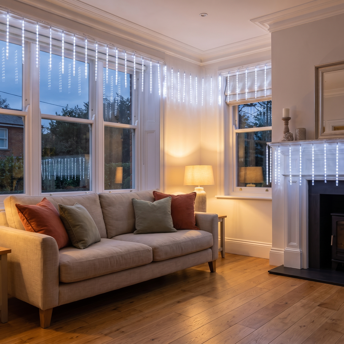 Cool White Falling Icicle Christmas Lights – 12m, 960 LED – styled in a bright living room in the evening