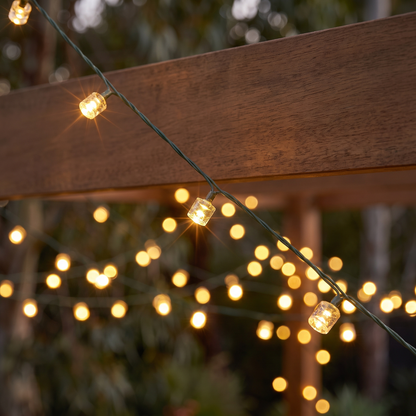 Warm White LED Fairy Christmas Lights – 20m, 200 LED – close-up of the glowing LEDs