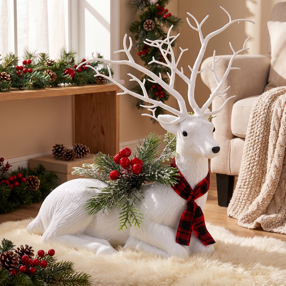 White Glitter Resting Reindeer Christmas Decoration – 32cm – in a cosy reading corner