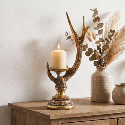 Antique Gold Stag Antler Pillar Candle Holder – 42cm – on a styled sideboard