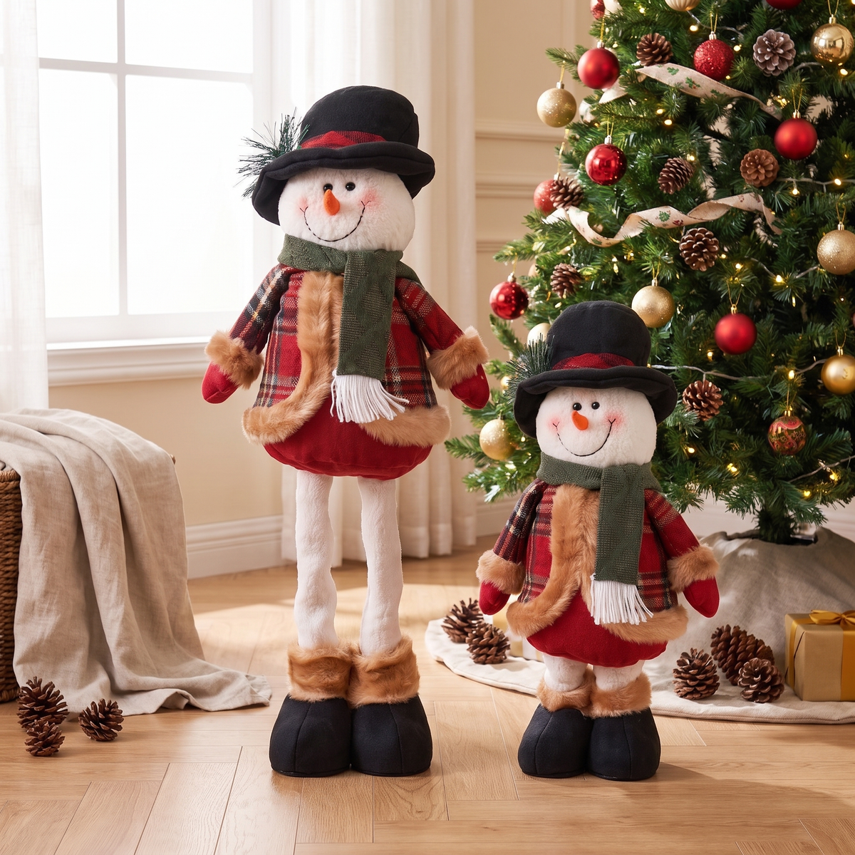 Red Plaid Telescopic Snowman Christmas Decoration – 40–56cm – beside a decorated Christmas tree