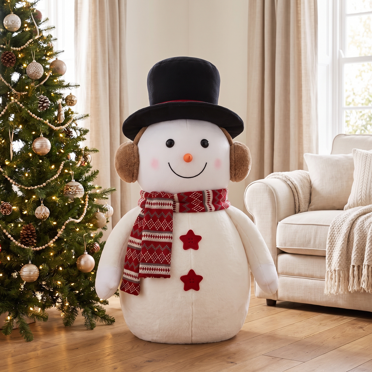 Plush Standing Snowman Christmas Decoration – 60cm – beside a decorated Christmas tree
