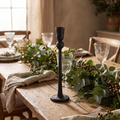 Matte Black Forged Iron Taper Candle Holder – Small, 24cm – on a Christmas lunch table