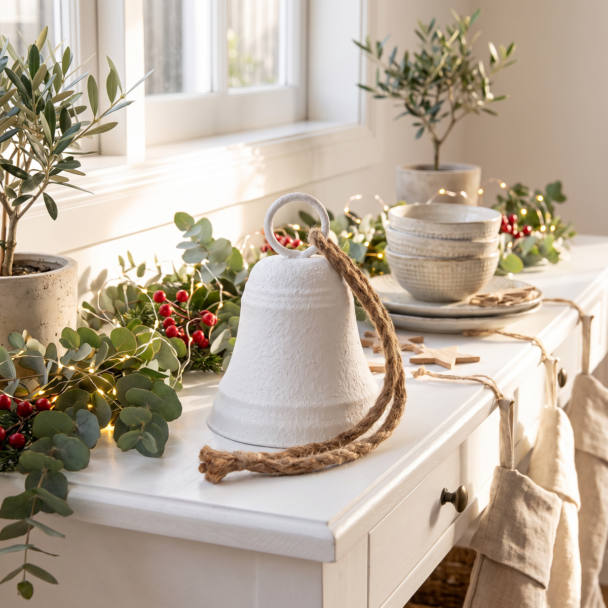 Matte White Metal Hanging Christmas Bell – Mini 13.5cm – styled on an entry console