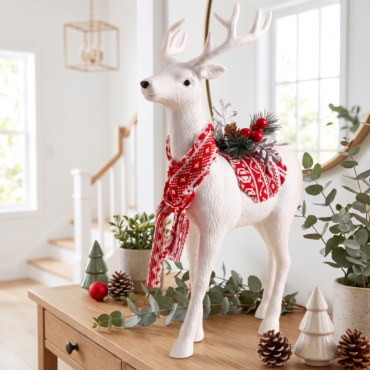 White Glitter Standing Reindeer Christmas Decoration – 45cm – styled on an entry console