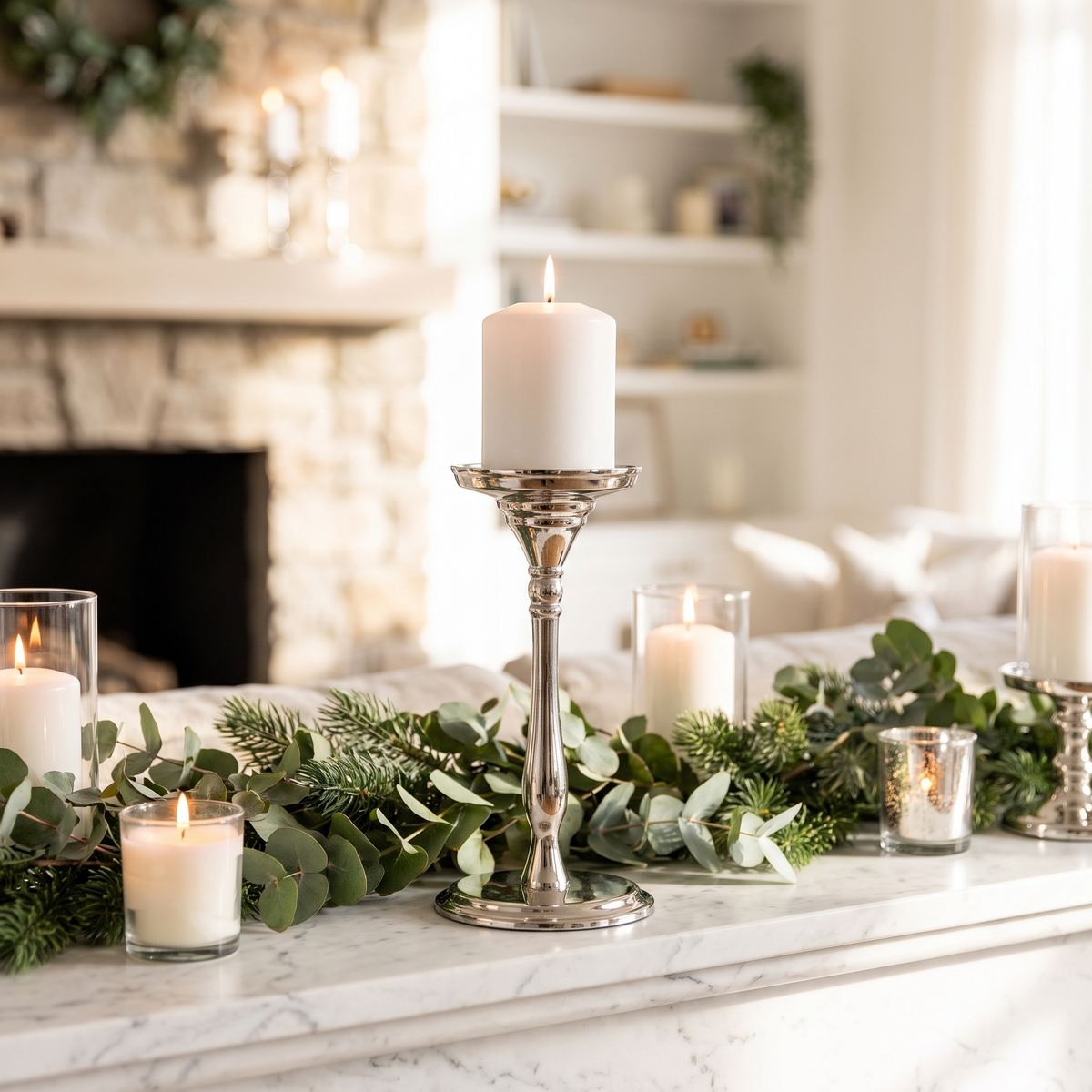 Polished Silver Pillar Candle Holder – Small, 17cm – on a marble mantel