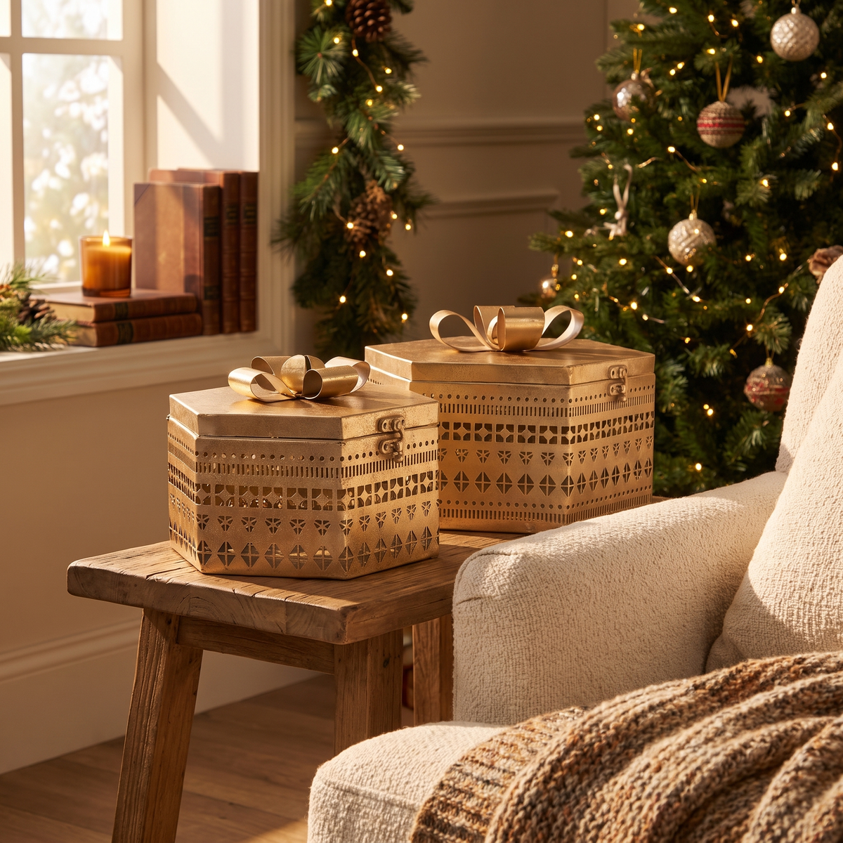 Gold Metal Gift Box Christmas Decoration with Bow – Small – in a cosy reading corner