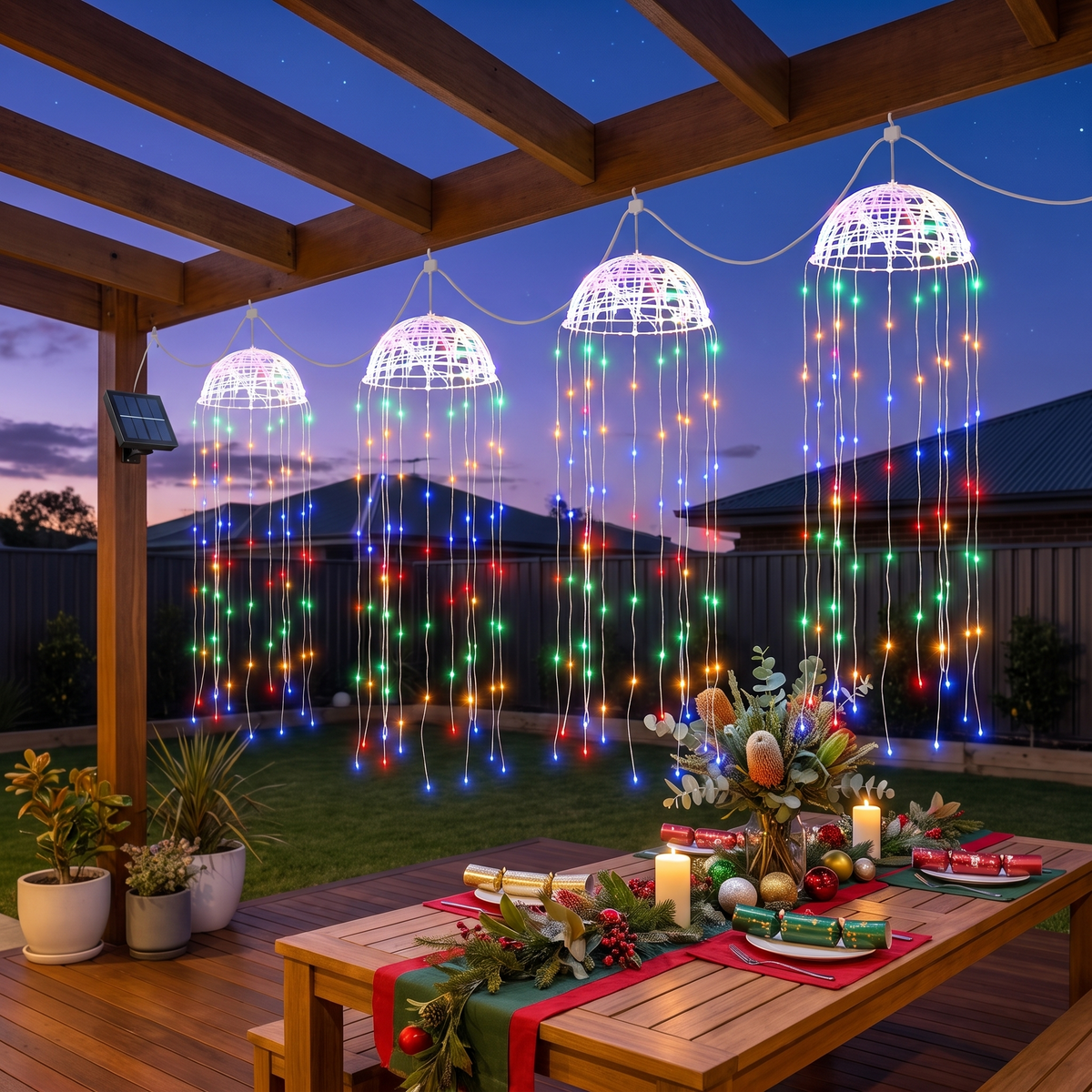 Multicolour Solar Jellyfish Christmas Lights – Set of 4, 224 LED – hanging from a timber pergola at dusk
