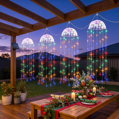 Multicolour Solar Jellyfish Christmas Lights – Set of 4, 224 LED – hanging from a timber pergola at dusk