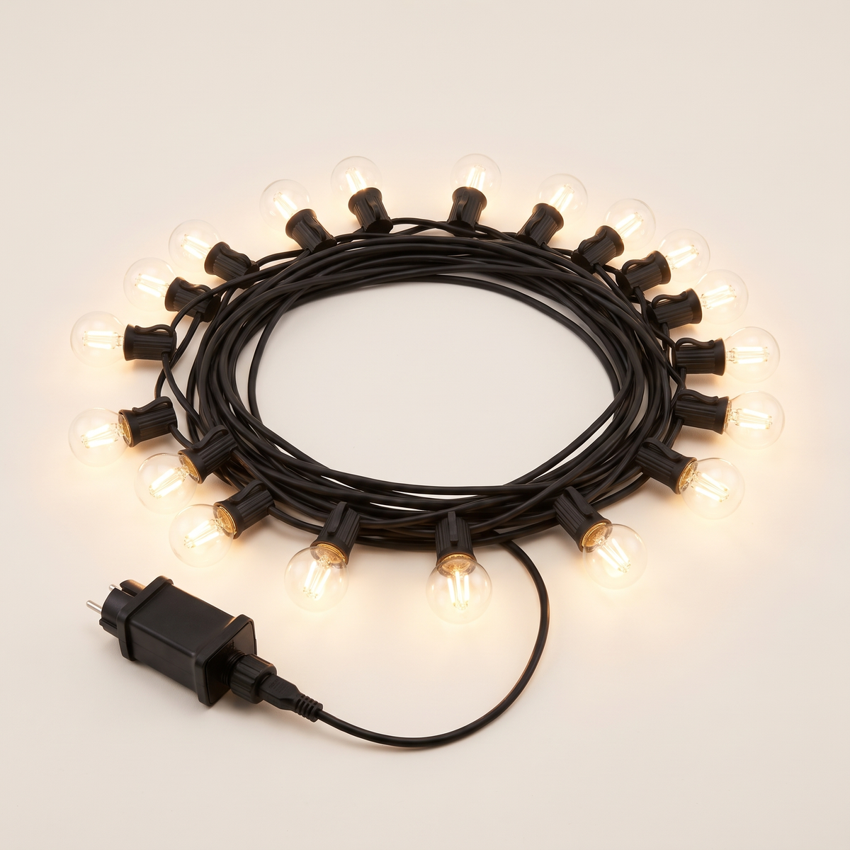 Warm White LED Festoon Christmas String Lights – 23m, 20 Bulbs – studio view