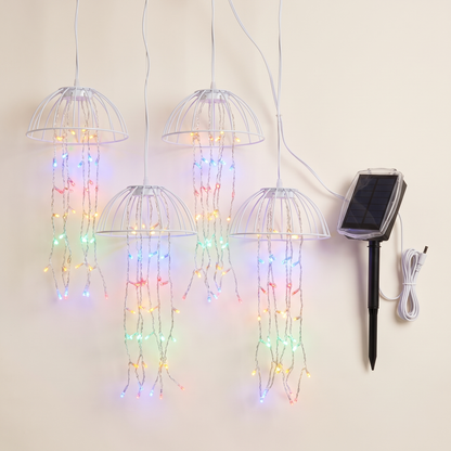 Multicolour Solar Jellyfish Christmas Lights – Set of 4, 224 LED – studio view with solar panel