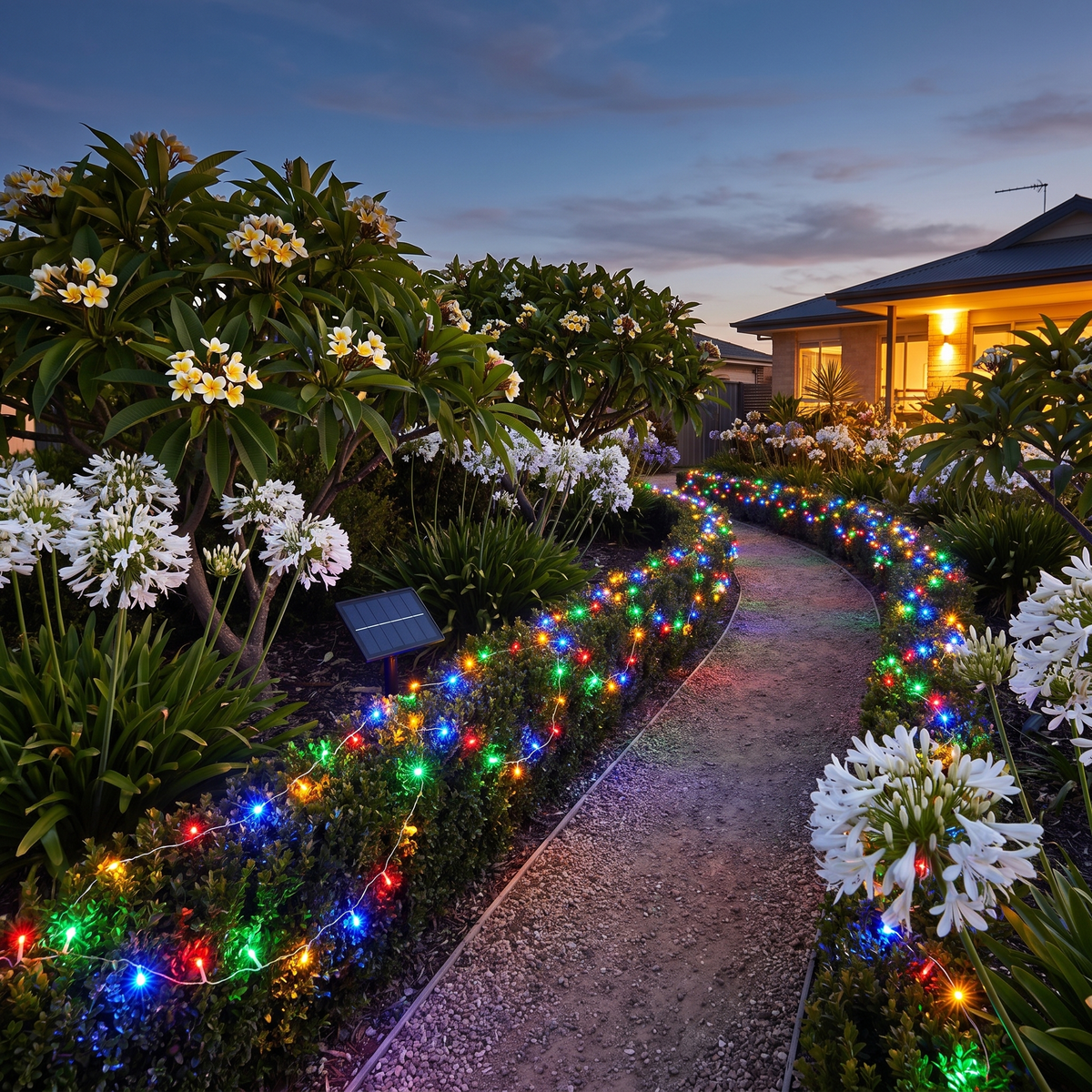 Multicolour Solar LED Fairy Christmas Lights – 39.9m, 500 LED – lighting a coastal front garden path at twilight