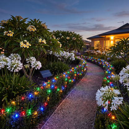 Multicolour Solar LED Fairy Christmas Lights – 39.9m, 500 LED – lighting a coastal front garden path at twilight