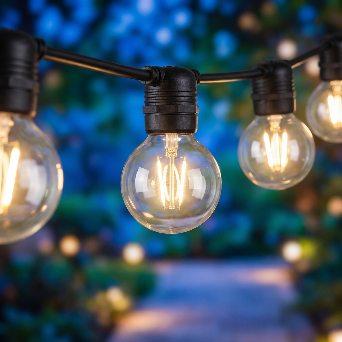 Warm White LED Festoon Christmas String Lights – 23m, 20 Bulbs – close-up of the S14 festoon bulbs