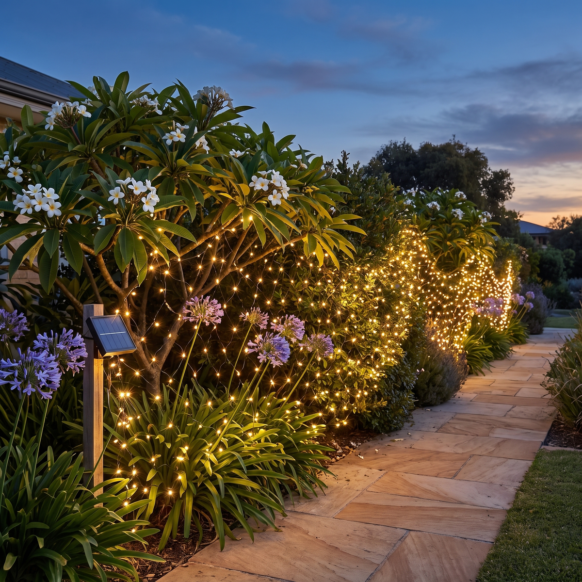 Warm White Solar LED Fairy Christmas Lights – 39.9m, 500 LED – lighting a coastal front garden path at twilight