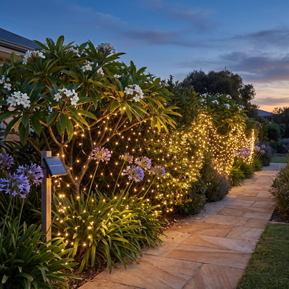 Warm White Solar LED Fairy Christmas Lights – 39.9m, 500 LED – lighting a coastal front garden path at twilight