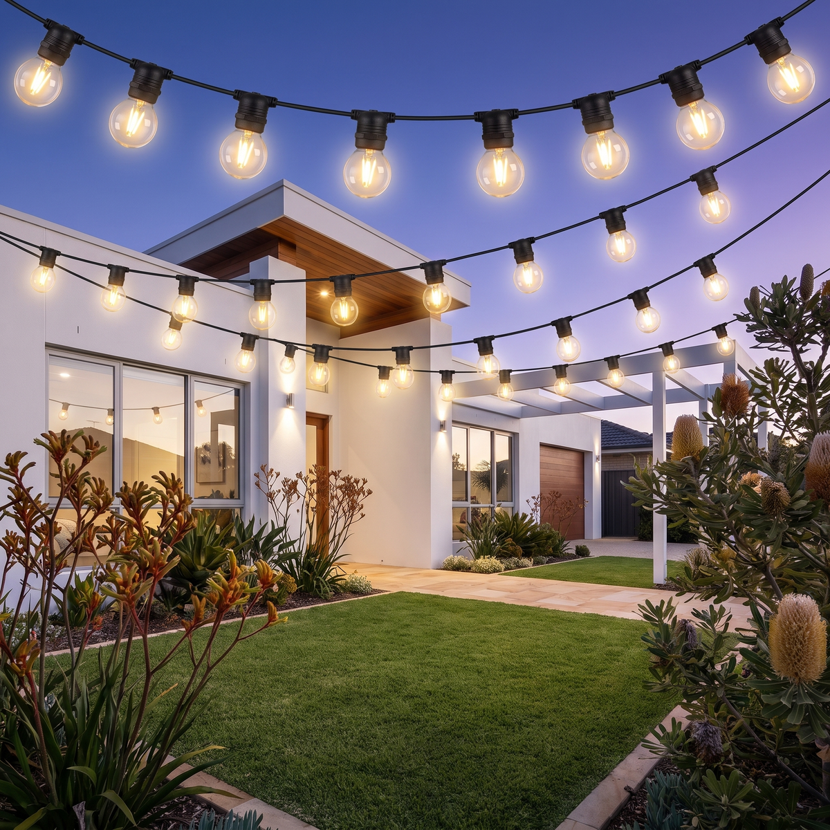 Warm White LED Festoon Christmas String Lights – 23m, 20 Bulbs – strung across the front yard of a modern home at dusk