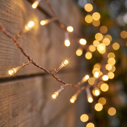 Warm White Solar LED Fairy Christmas Lights – 39.9m, 500 LED – close-up of the warm white LEDs