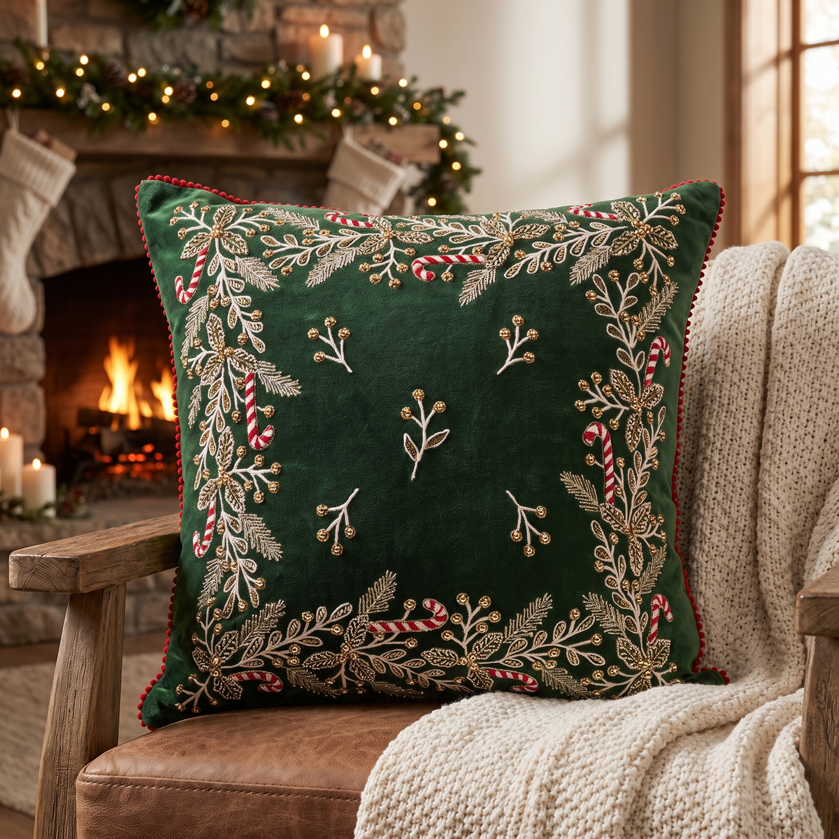 Green Velvet Holly & Candy Cane Christmas Cushion Cover – 50cm – on an armchair by the fireplace