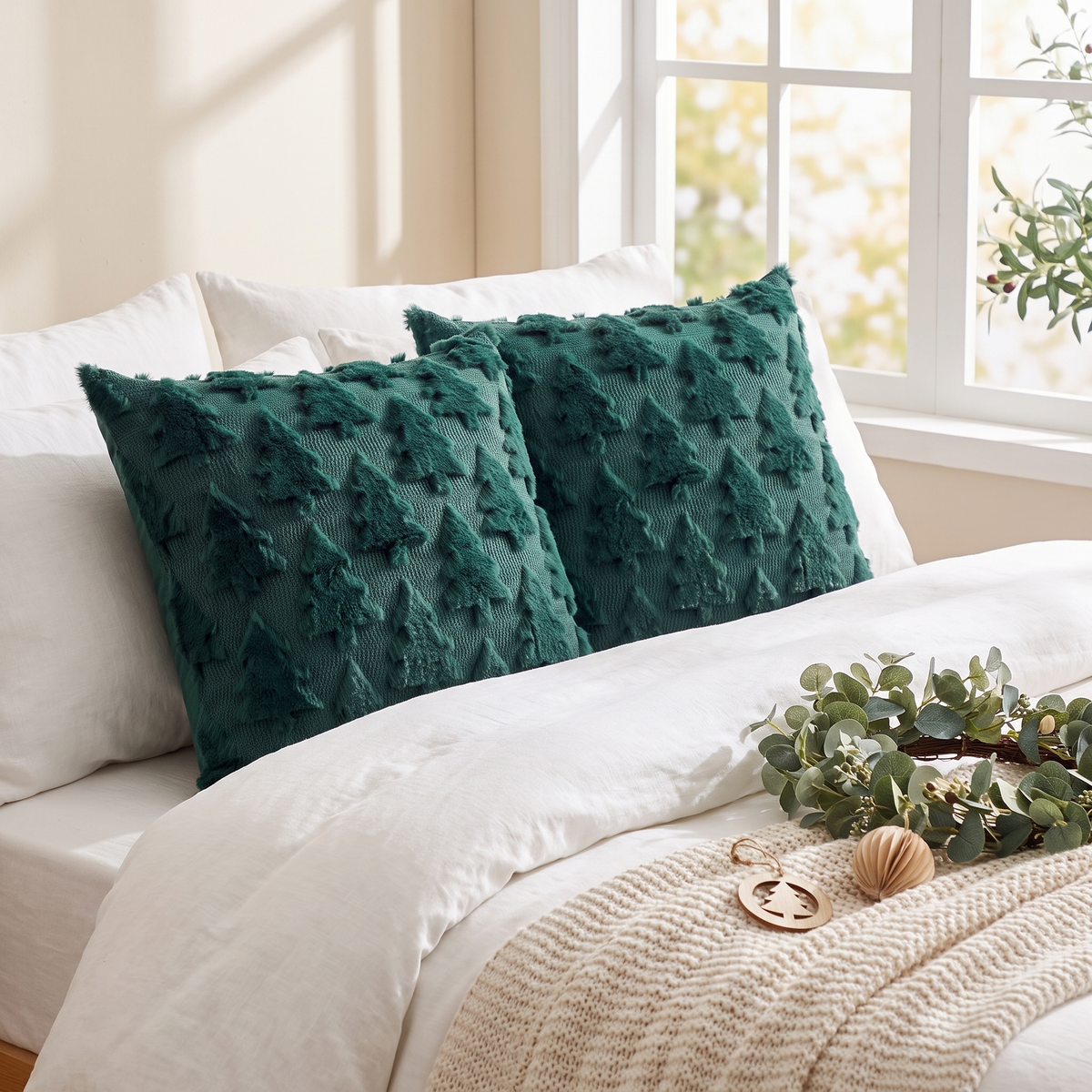 Green Faux Fur Christmas Tree Cushion Covers – 45cm, Set of 2 – styled on a white bed