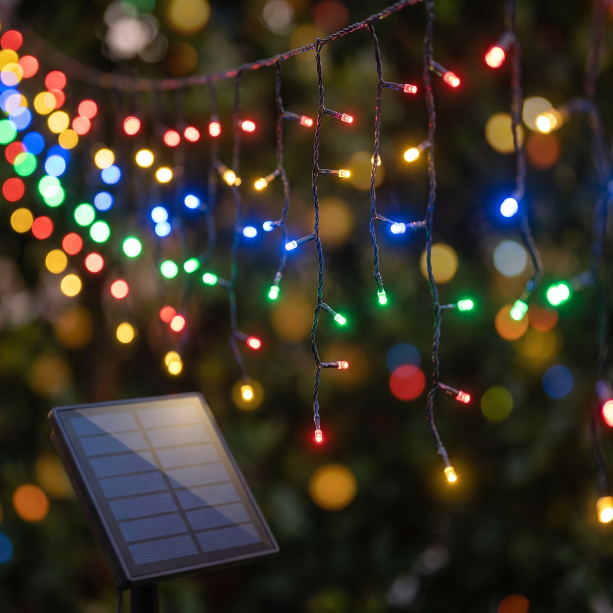 Multicolour Solar LED Icicle Christmas Lights – 12.5m, 500 LED – close-up of the glowing LEDs