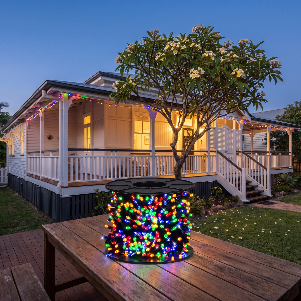 Multicolour Fairy Christmas Lights on Reel – 69.9m, 1000 LED – glowing along a Queenslander verandah at dusk