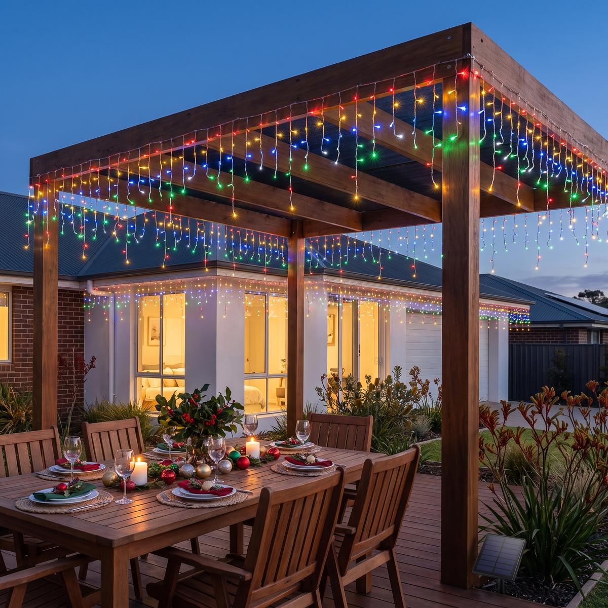 Multicolour Solar LED Icicle Christmas Lights – 12.5m, 500 LED – glowing on a backyard deck at dusk