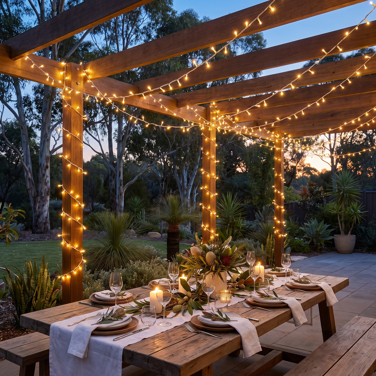 Warm White Fairy Christmas Lights, White Cable – 40m, 400 LED – glowing over an alfresco pergola at dusk