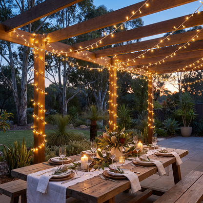 Warm White Fairy Christmas Lights, White Cable – 40m, 400 LED – glowing over an alfresco pergola at dusk