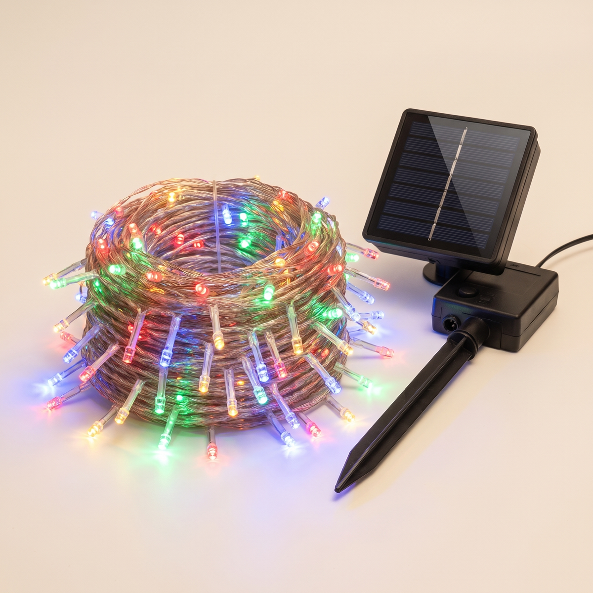 Multicolour Solar LED Icicle Christmas Lights – 12.5m, 500 LED – studio view