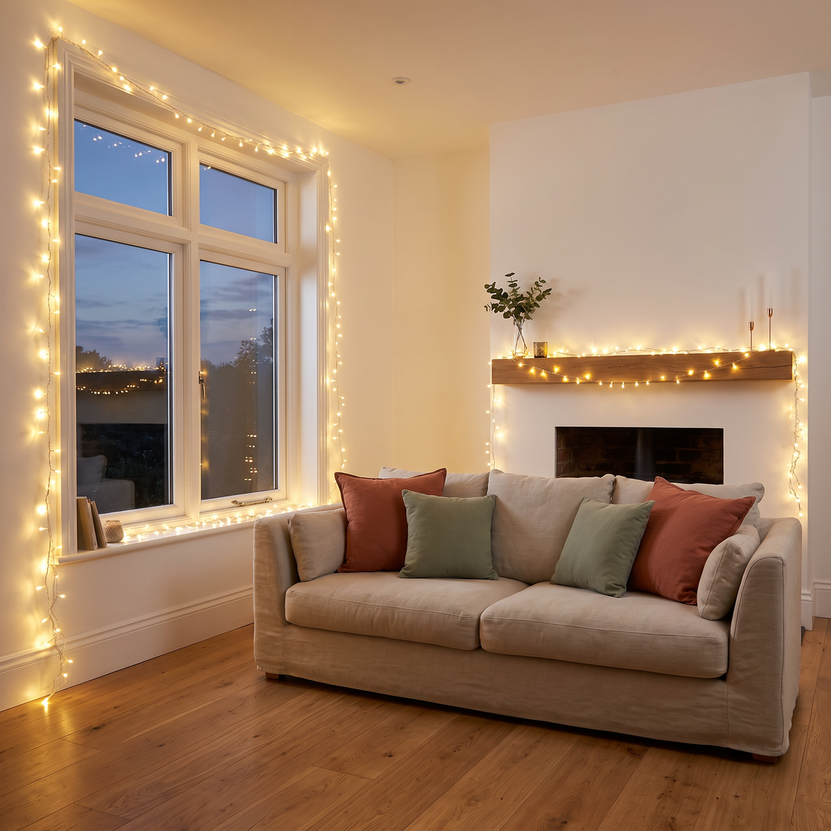Warm White LED Fairy Christmas Lights – 40m, 400 LED – styled in a bright living room in the evening