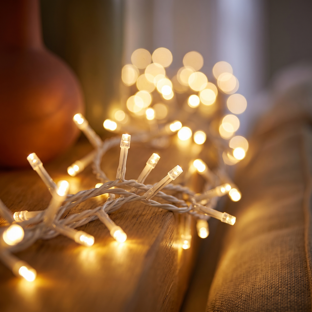 Warm White Fairy Christmas Lights, White Cable – 40m, 400 LED – close-up of the glowing LEDs