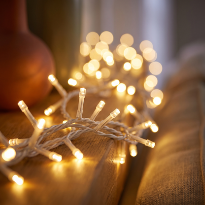 Warm White Fairy Christmas Lights, White Cable – 40m, 400 LED – close-up of the glowing LEDs