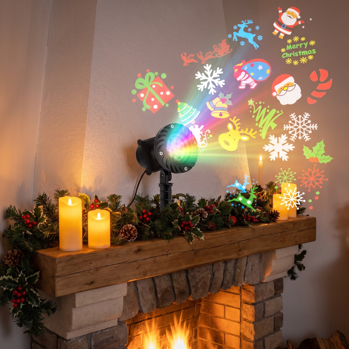 Multicolour Christmas Projector Light – 12 Festive Designs – casting colour across a Christmas mantel