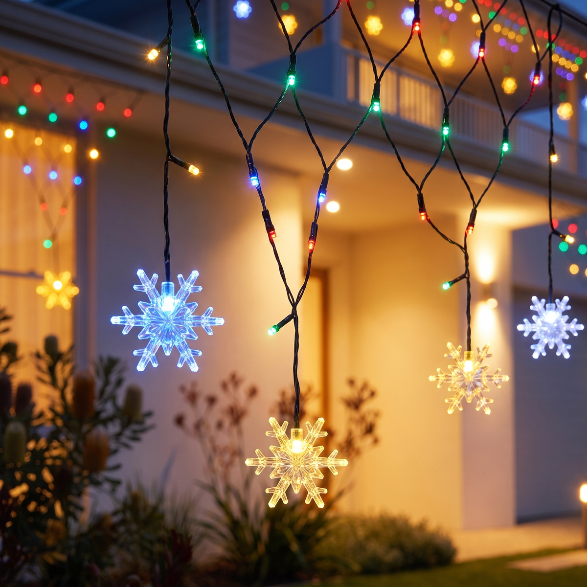 Multicolour Solar Snowflake Net Christmas Lights – 4m, 100 LED – close-up of the snowflake drops